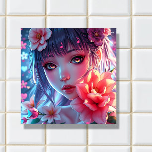 Beautiful Anime Girl Glitchcore Floral Fliese