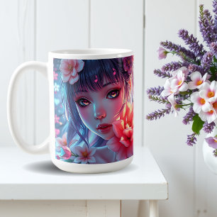 Beautiful Anime Girl Glitchcore Floral Kaffeetasse