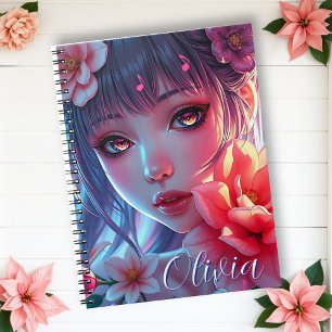 Beautiful Anime Girl Glitchcore Floral Notizblock