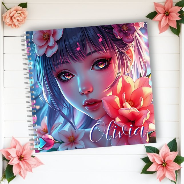 Beautiful Anime Girl Glitchcore Floral Notizbuch (Von Creator hochgeladen)
