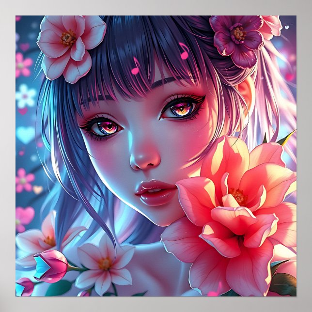 Beautiful Anime Girl Glitchcore Floral Poster (Vorne)
