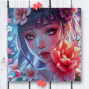 Beautiful Anime Girl Glitchcore Floral Puzzle