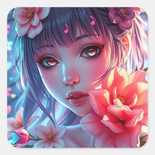Beautiful Anime Girl Glitchcore Floral Quadratischer Aufkleber