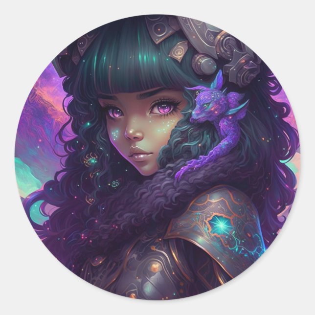 Beautiful Anime Girl Warrior Runder Aufkleber (Vorderseite)