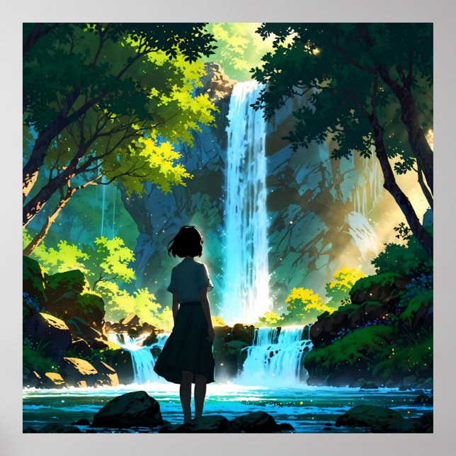 Beautiful Anime Waterfall Illustration Poster (Vorne)