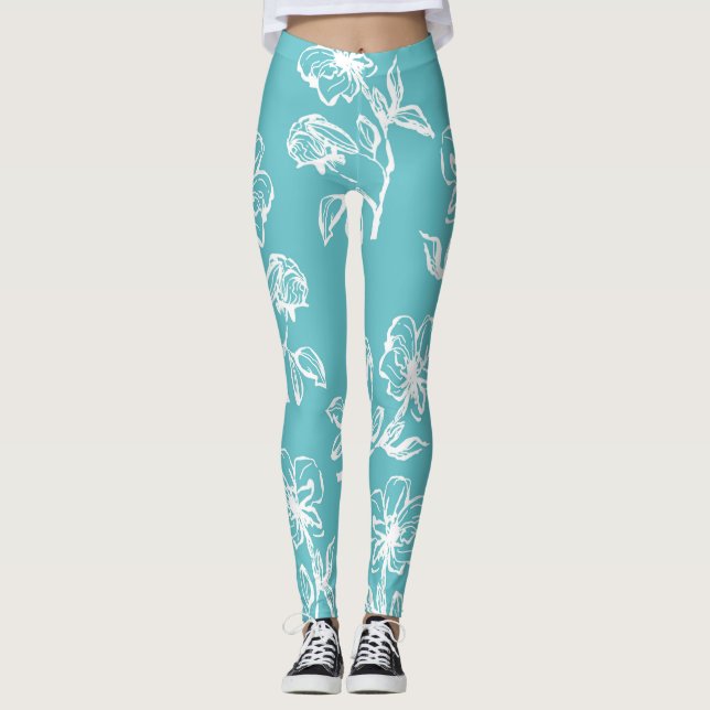 Beautiful Aqua Blue Floral Leggings (Vorderseite)