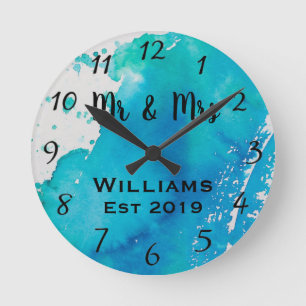 Beautiful Aquamarin Blue Watercolor Personalisiert Runde Wanduhr