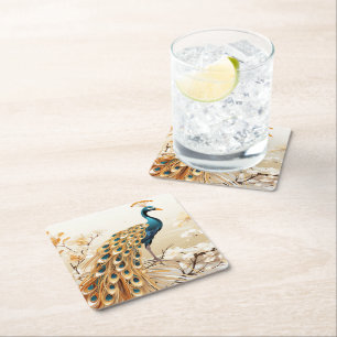 Beautiful Art Deco Aquamarine Pfaue Blume Rechteckiger Pappuntersetzer