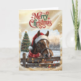 Beautiful Bay Horse with Red Ribbon Feiertagskarte