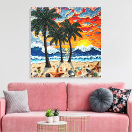 Beautiful Beach Scene with Palm Trees Leinwanddruck