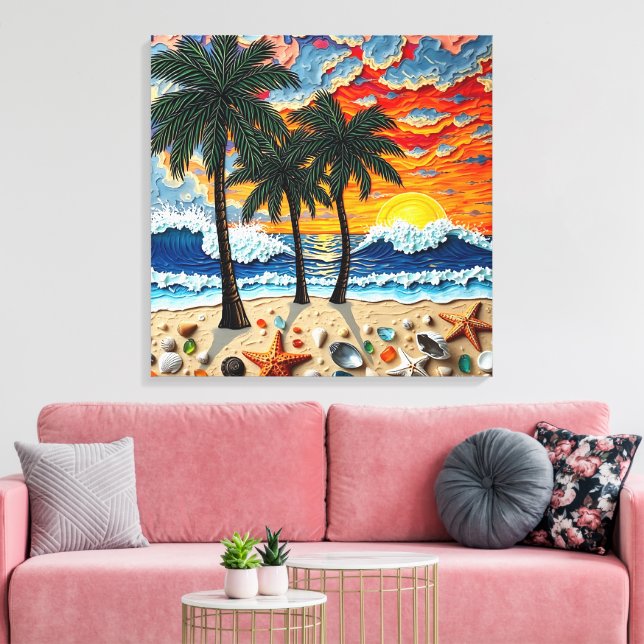 Beautiful Beach Scene with Palm Trees Leinwanddruck (Insitu (Wohnzimmer))