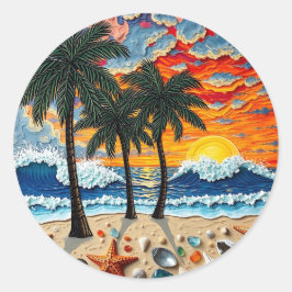Beautiful Beach Scene with Palm Trees Runder Aufkleber