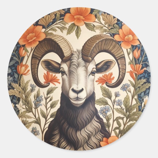 Beautiful Bighorn Sheep William Morris Inspired Runder Aufkleber (Vorderseite)