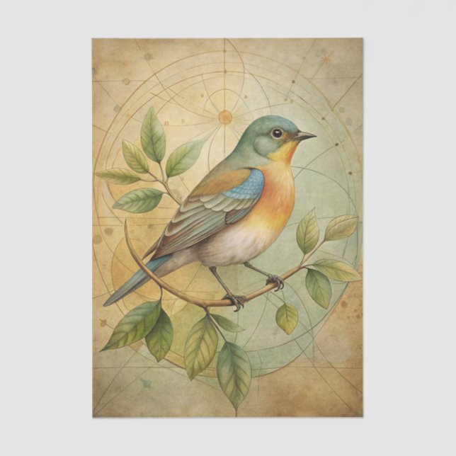 Beautiful Bird on Branch with Geometric Lines Seidenpapier (Vorderseite)