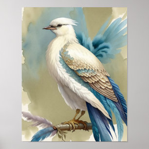 Beautiful Bird Print Feathers Aquamarin Blue Ivory Poster