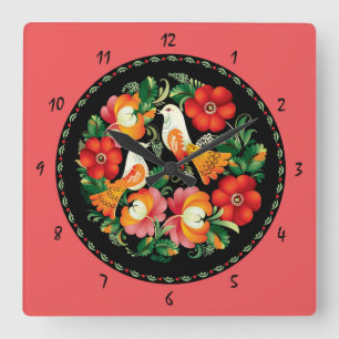 Beautiful Birds and Flowers Sketch Wall Clock Quadratische Wanduhr