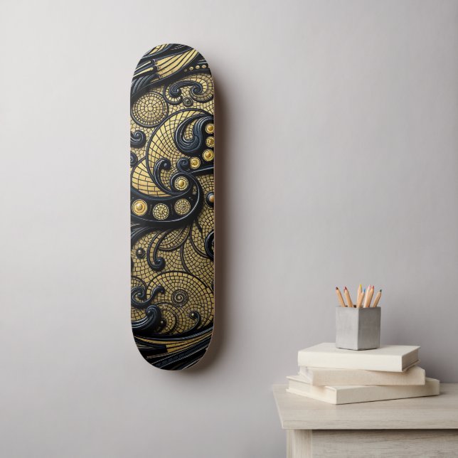 Beautiful Black & Gold Floral and Beads Abstract Skateboard (Wandkunst)
