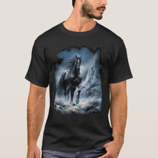 Beautiful black Horse running through the snow  T-Shirt
