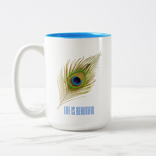Beautiful Blue Bird Peacock Feather Zweifarbige Tasse (Links)