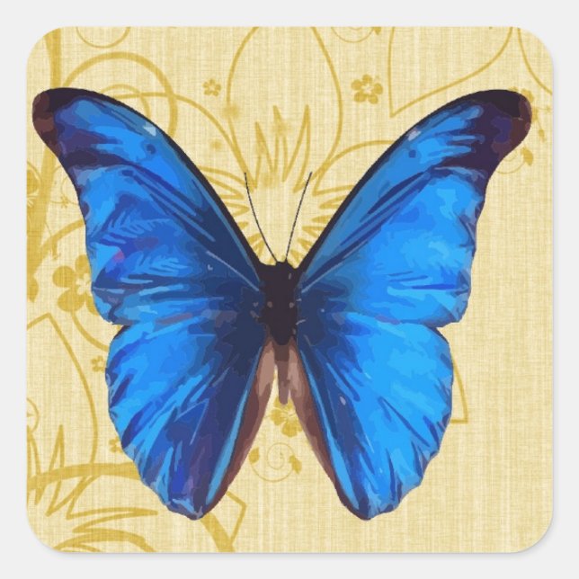 Beautiful Blue Butterfly Vintage Kunst Quadratischer Aufkleber (Vorderseite)