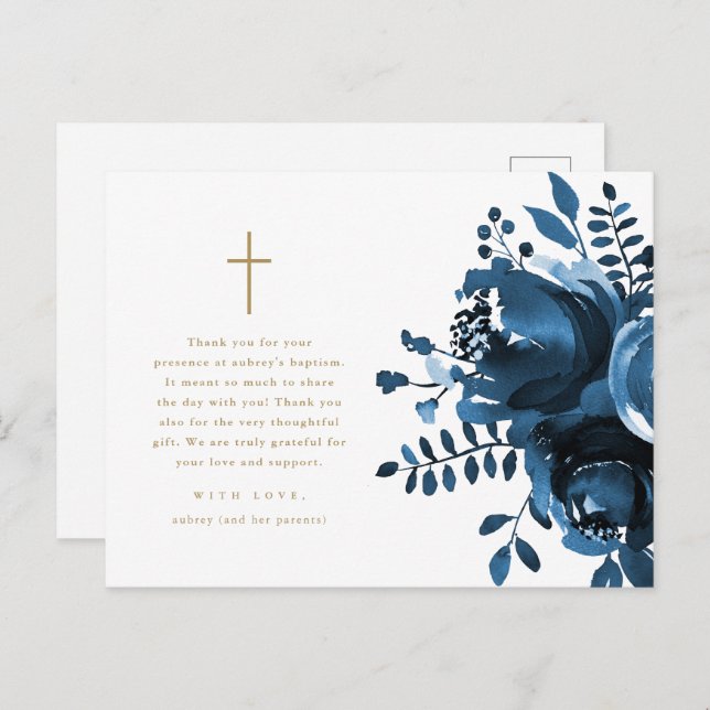 Beautiful Blue Floral Cross Taufe Vielen Dank Postkarte (Vorne/Hinten)