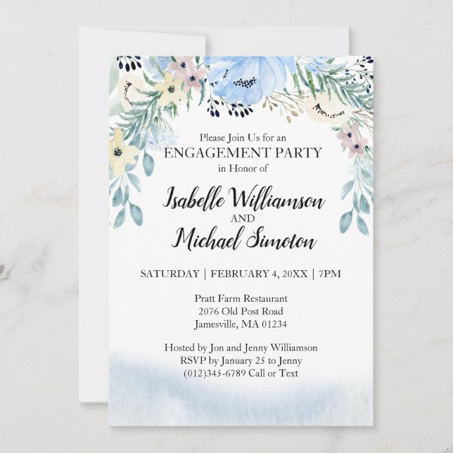 Beautiful Blue Floral Engagement Party Einladungen (Vorderseite)