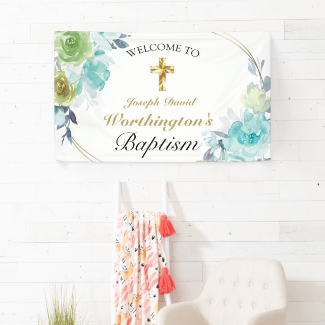 Beautiful Blue Floral Gold Cross Taufe Willkommen Banner (Insitu)