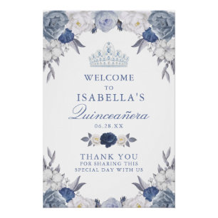 Beautiful Blue Floral Quinceanera Begrüßungszeiche Poster