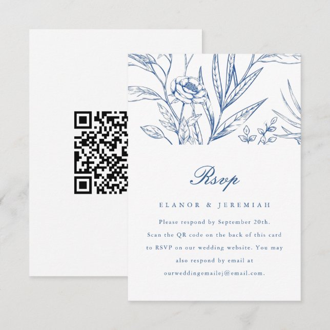 Beautiful Blue Floral Wedding RSVP mit QR Code (Vorne/Hinten)