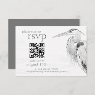 Beautiful Blue Heron Bird Sketch Wedding QR Code RSVP Karte