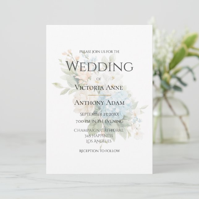 Beautiful Blue Hydrangeas Elegante Wedding Einladung (Stehend Vorderseite)