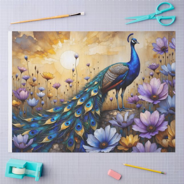 Beautiful Blue Peacock in Floral Landscape Seidenpapier (Basteln)