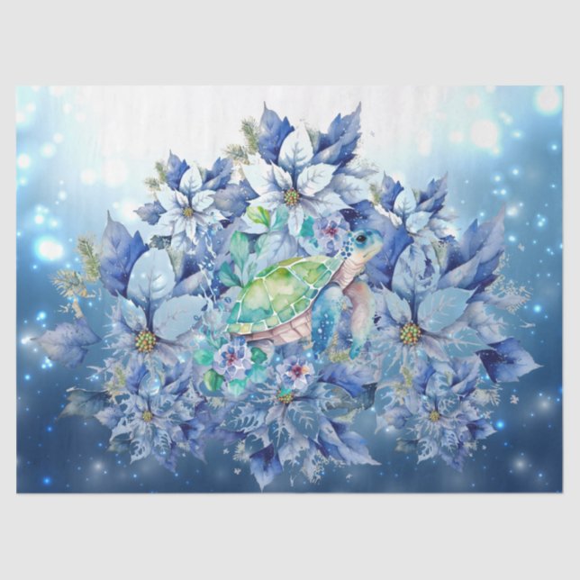 Beautiful Blue Poinsettias & Sea Turtle Decoupage Seidenpapier (Vorderseite)
