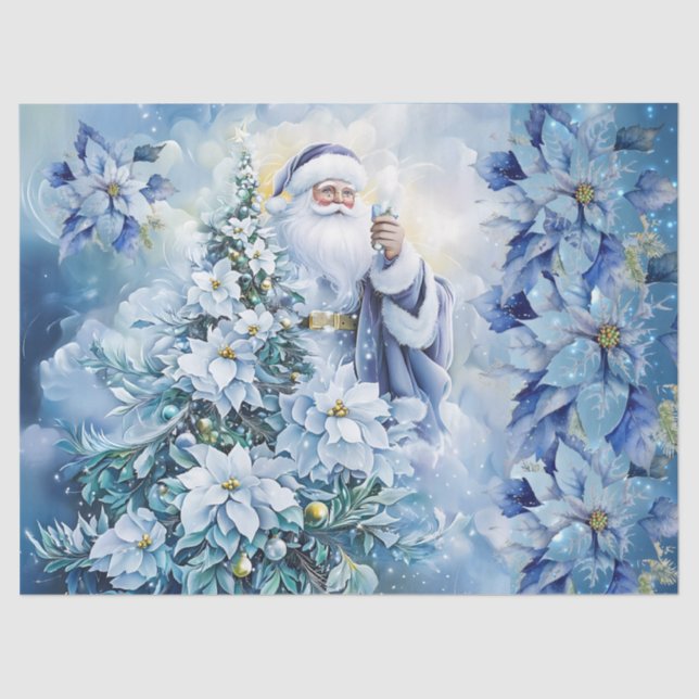 Beautiful Blue Santa & Poinsettias Decoupage Seidenpapier (Vorderseite)