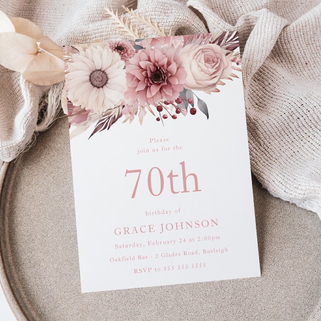 Beautiful Blush Boho Floral 70th Birthday Party Einladung (Von Creator hochgeladen)