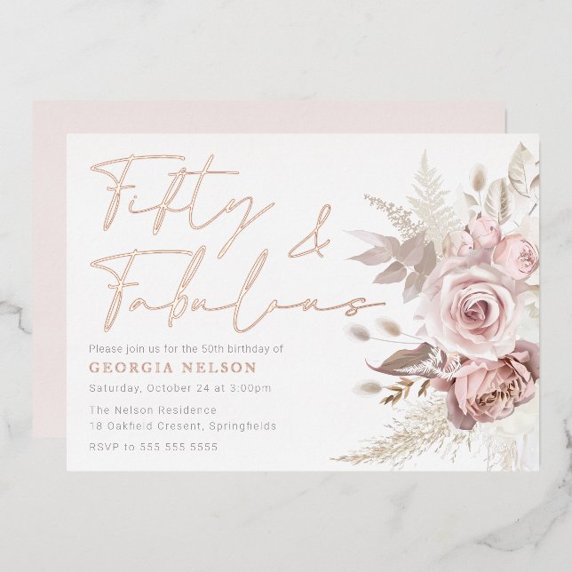  Beautiful Blush Flowers 50th Birthday Rose Gold Folieneinladung (Vorderseite/Rückseite)