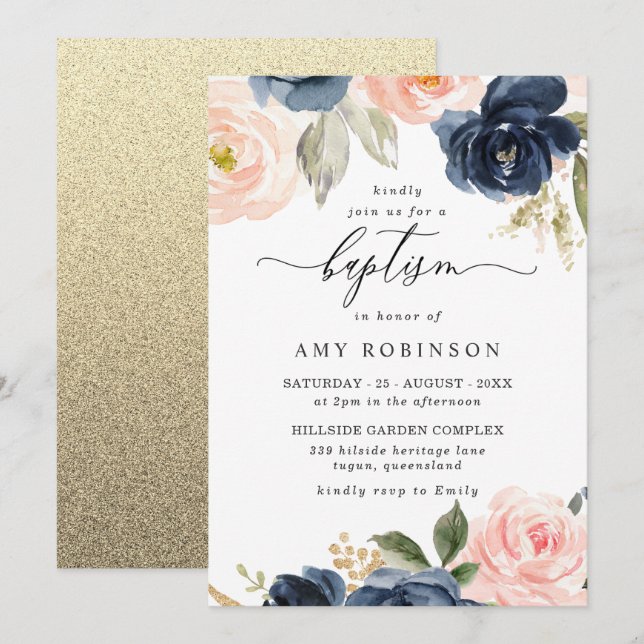 Beautiful Blush & Navy Blume Boy Girl Taufe Einladung (Vorne/Hinten)