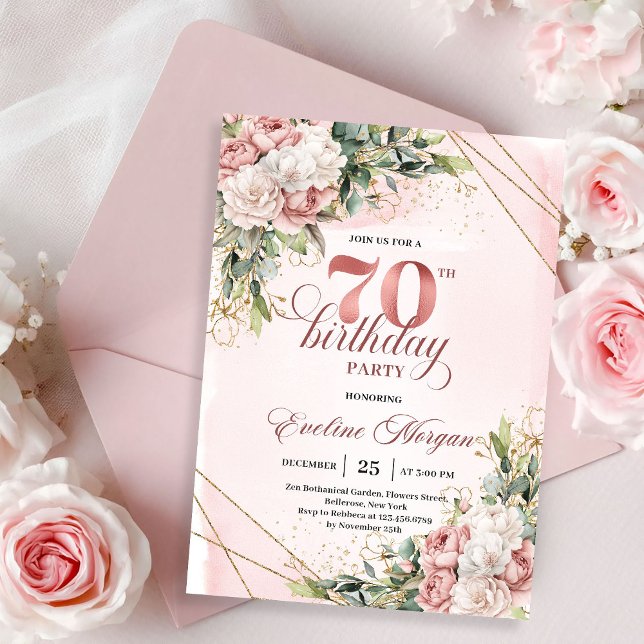 Beautiful Blush Pink Watercolor Floral 70 Birthday Einladung (Beautiful Blush Pink Watercolor Floral 70th Birthday Invitation)