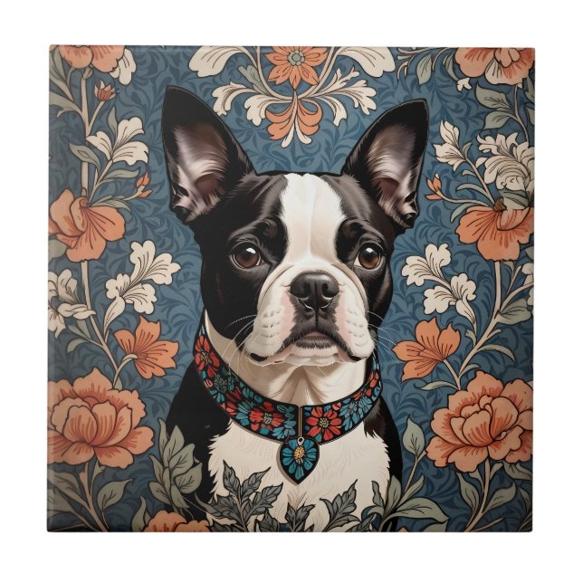 Beautiful Boston Terrier William Morris Inspiriert Fliese (Vorderseite)