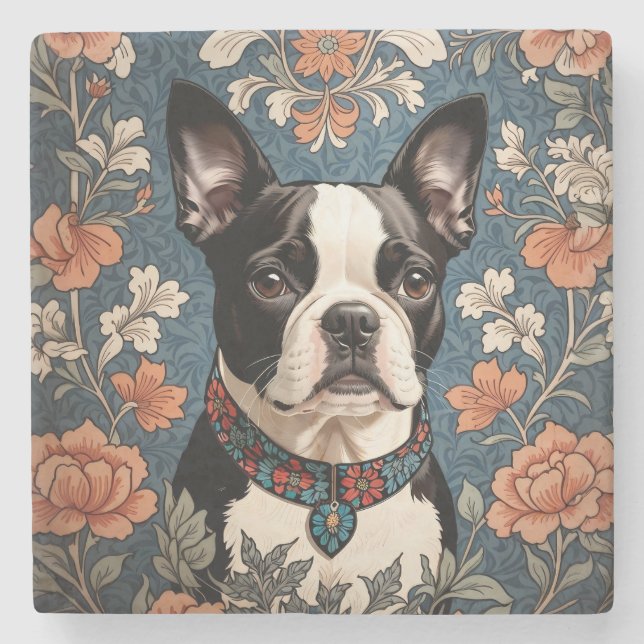 Beautiful Boston Terrier William Morris Inspiriert Steinuntersetzer (Vorderseite)