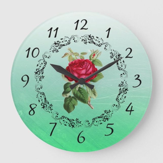 Beautiful burgundy Rose Sage Green Round Clock Große Wanduhr (Vorderseite)
