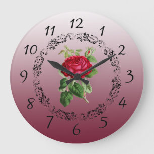 Beautiful burgundy Rose Sage Green Round Clock Große Wanduhr