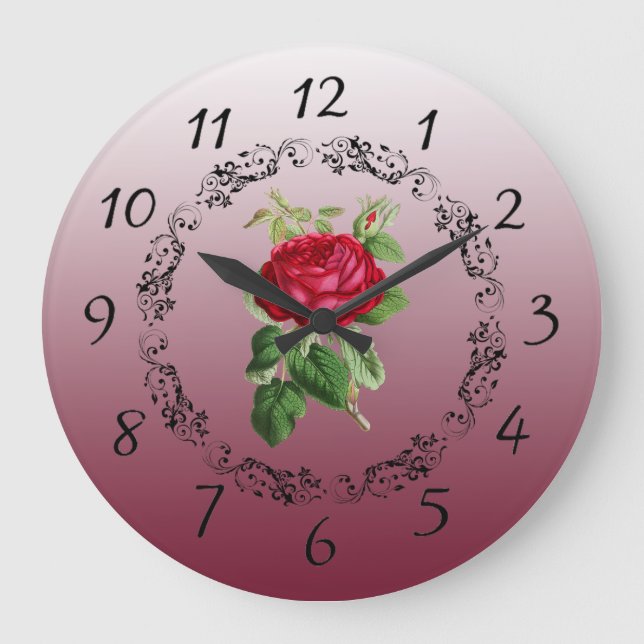 Beautiful burgundy Rose Sage Green Round Clock Große Wanduhr (Vorderseite)