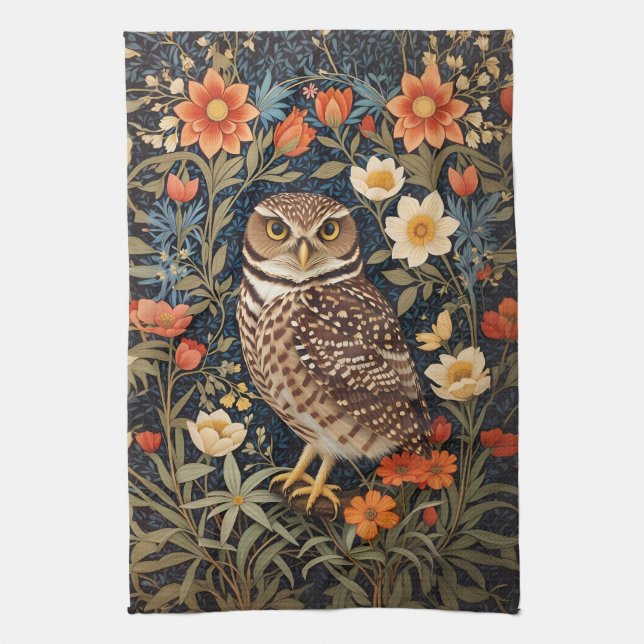 Beautiful Burrowing Owl William Morris Inspiriert Geschirrtuch (Vertikal)