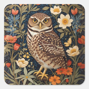 Beautiful Burrowing Owl William Morris Inspiriert Quadratischer Aufkleber