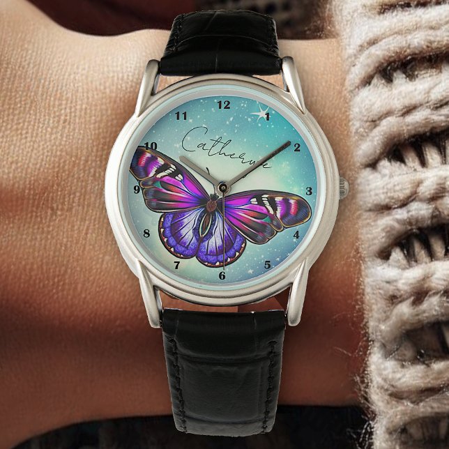 Beautiful Butterfly Blue Sky Stars Individuelle Na Armbanduhr (Von Creator hochgeladen)