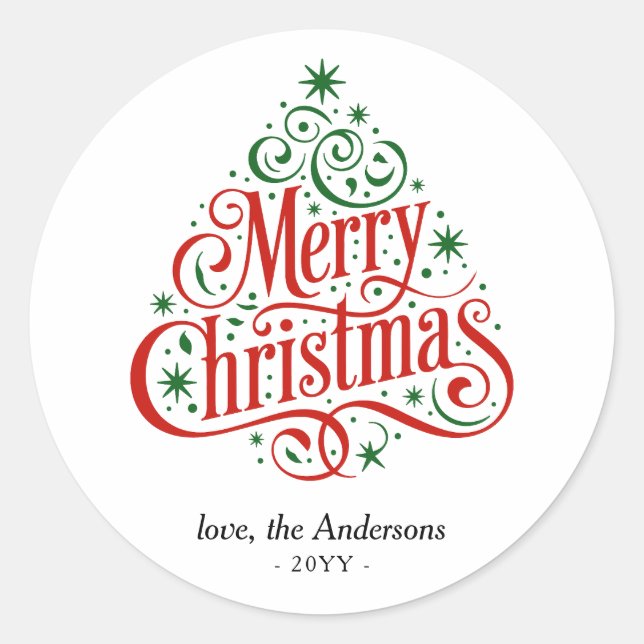 Beautiful Calligraphy Merry Christmas Tree Custom  Runder Aufkleber (Vorderseite)