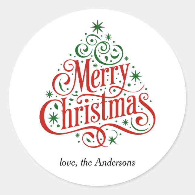 Beautiful Calligraphy Merry Christmas Tree Custom  Runder Aufkleber (Vorderseite)