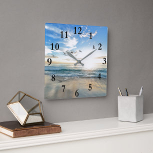 Beautiful Caribbean Tropical Beach & Birds Quadratische Wanduhr