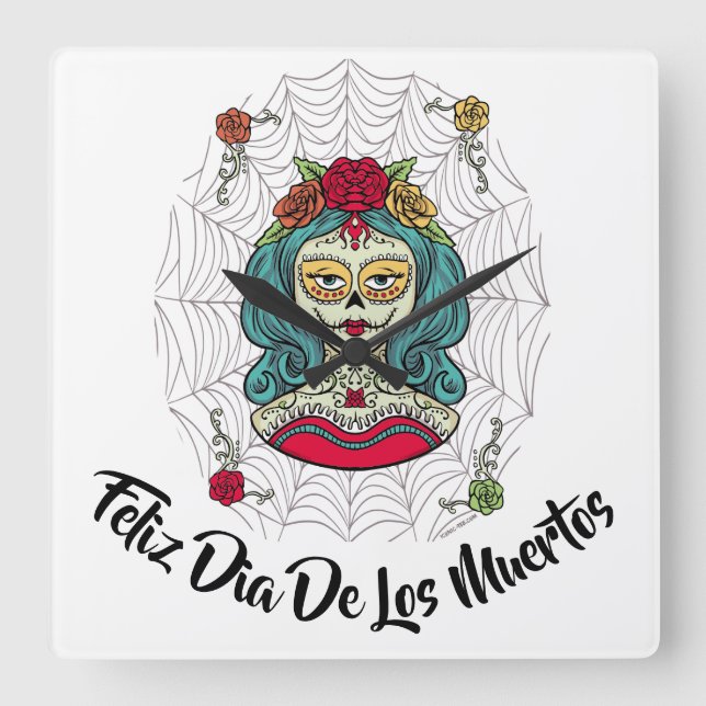 Beautiful Catrina Feliz Día de Muertos Quadratische Wanduhr (Vorderseite)